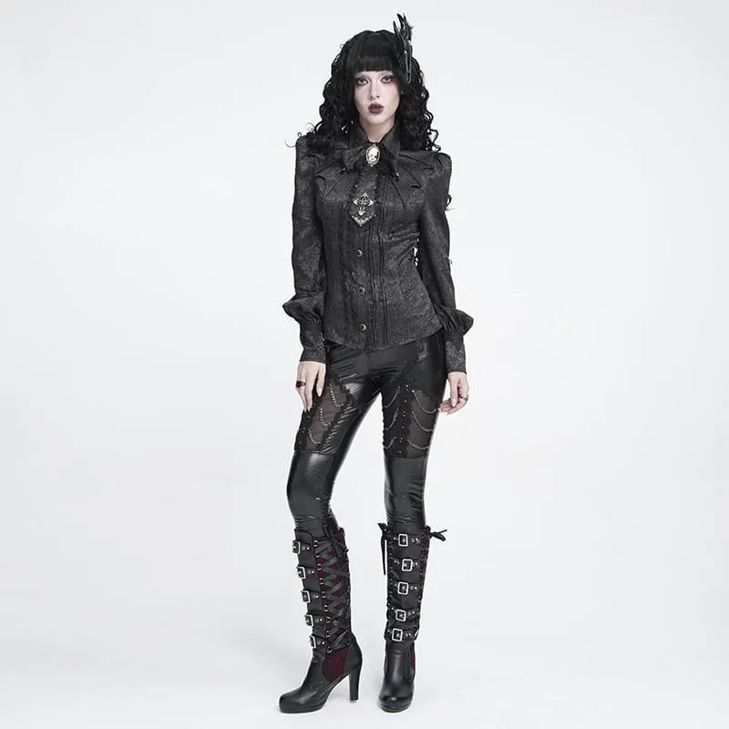 Schwarzes Gothic-Jacquard-Hemd für Damen mit Fledermausärmeln und Krawattenkragen