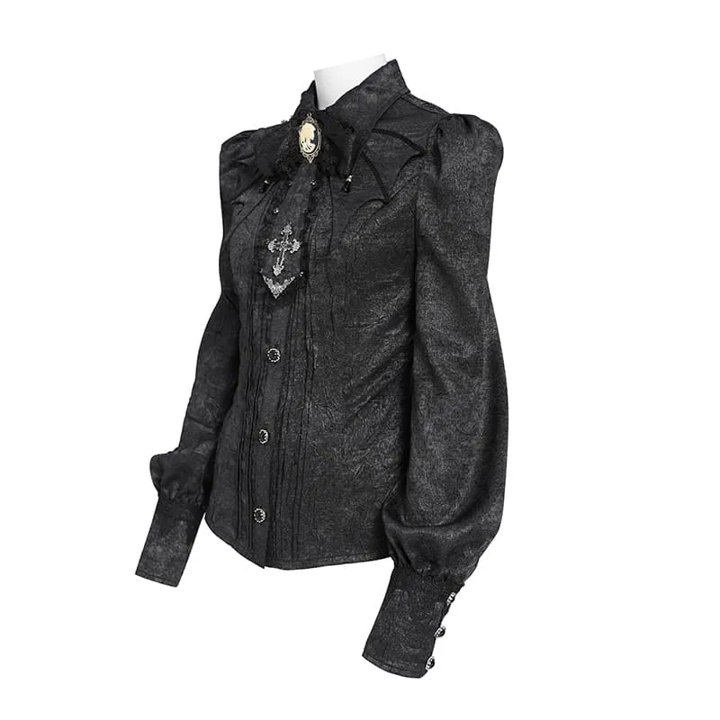 Schwarzes Gothic-Jacquard-Hemd für Damen mit Fledermausärmeln und Krawattenkragen