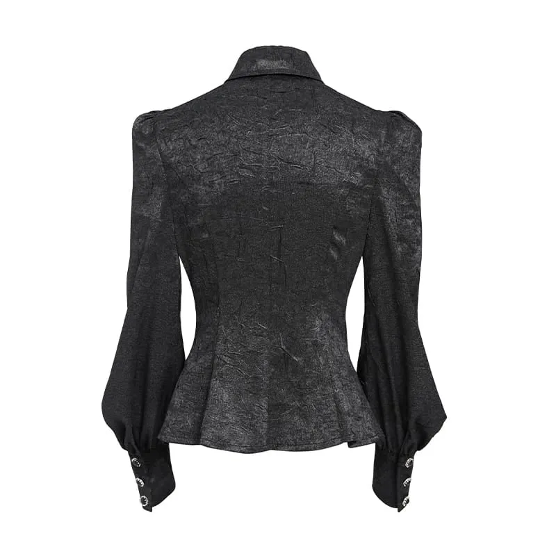 Schwarzes Gothic-Jacquard-Hemd für Damen mit Fledermausärmeln und Krawattenkragen