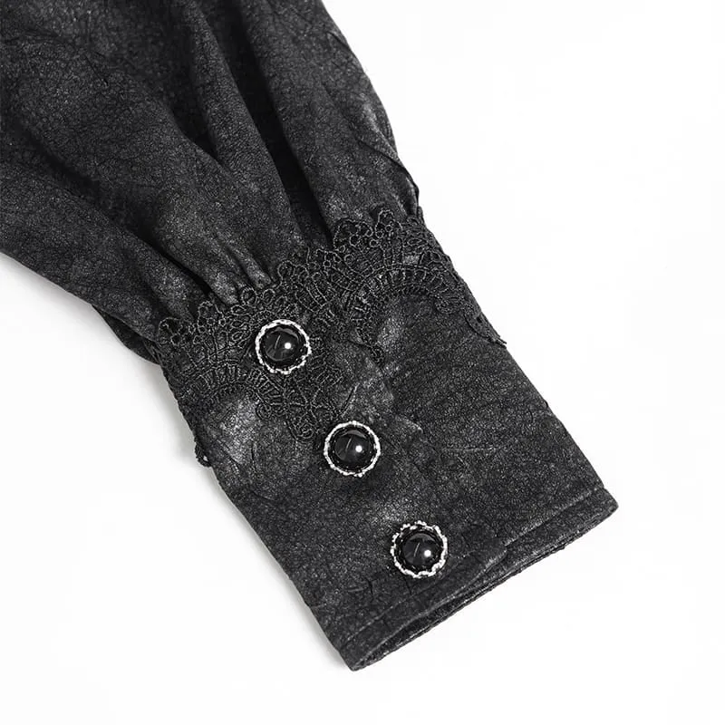 Schwarzes Gothic-Jacquard-Hemd für Damen mit Fledermausärmeln und Krawattenkragen