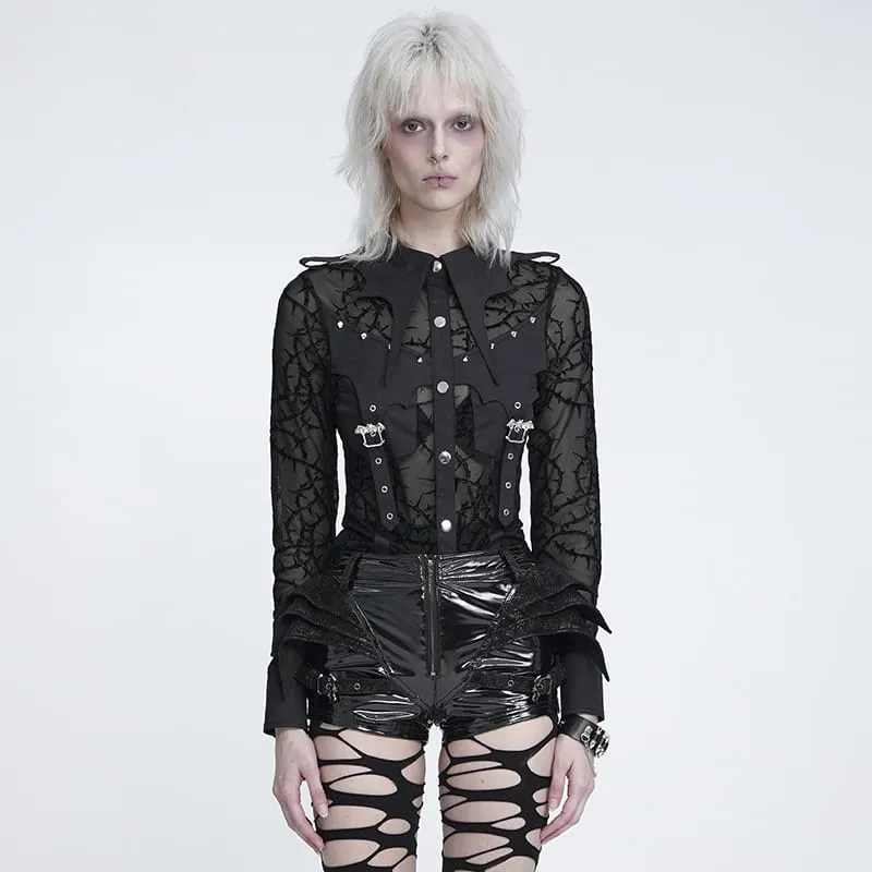 Gothic-Damenbluse mit transparentem, dornigem Rankenmuster, Fledermauskragen und langen Ärmeln