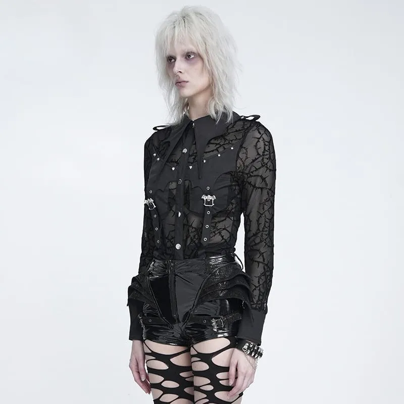 Gothic-Damenbluse mit transparentem, dornigem Rankenmuster, Fledermauskragen und langen Ärmeln