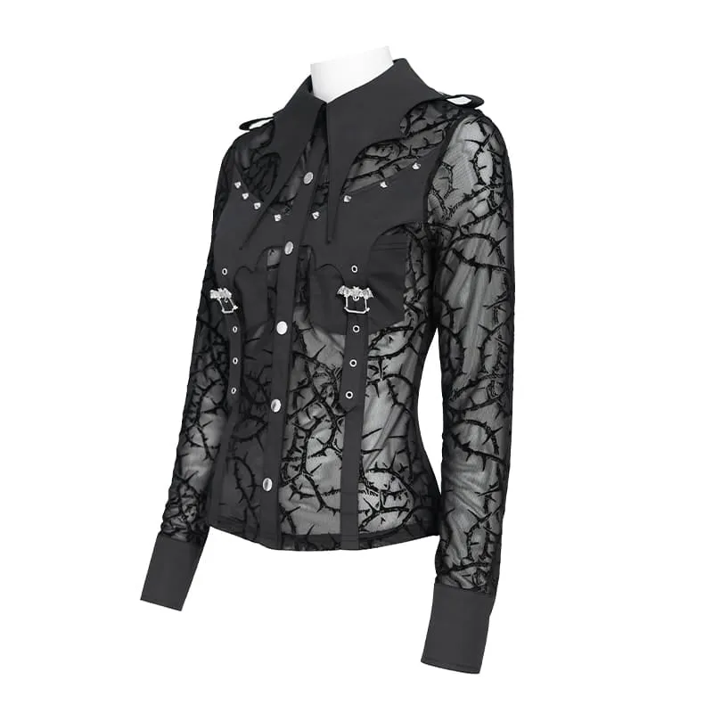 Gothic-Damenbluse mit transparentem, dornigem Rankenmuster, Fledermauskragen und langen Ärmeln