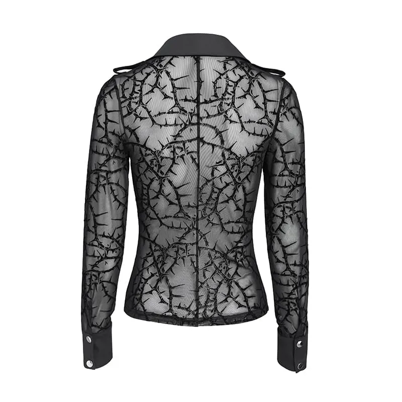 Gothic-Damenbluse mit transparentem, dornigem Rankenmuster, Fledermauskragen und langen Ärmeln