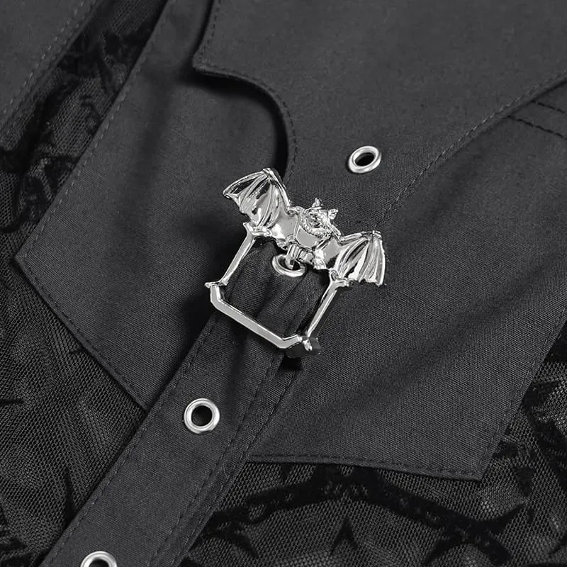 Gothic-Damenbluse mit transparentem, dornigem Rankenmuster, Fledermauskragen und langen Ärmeln