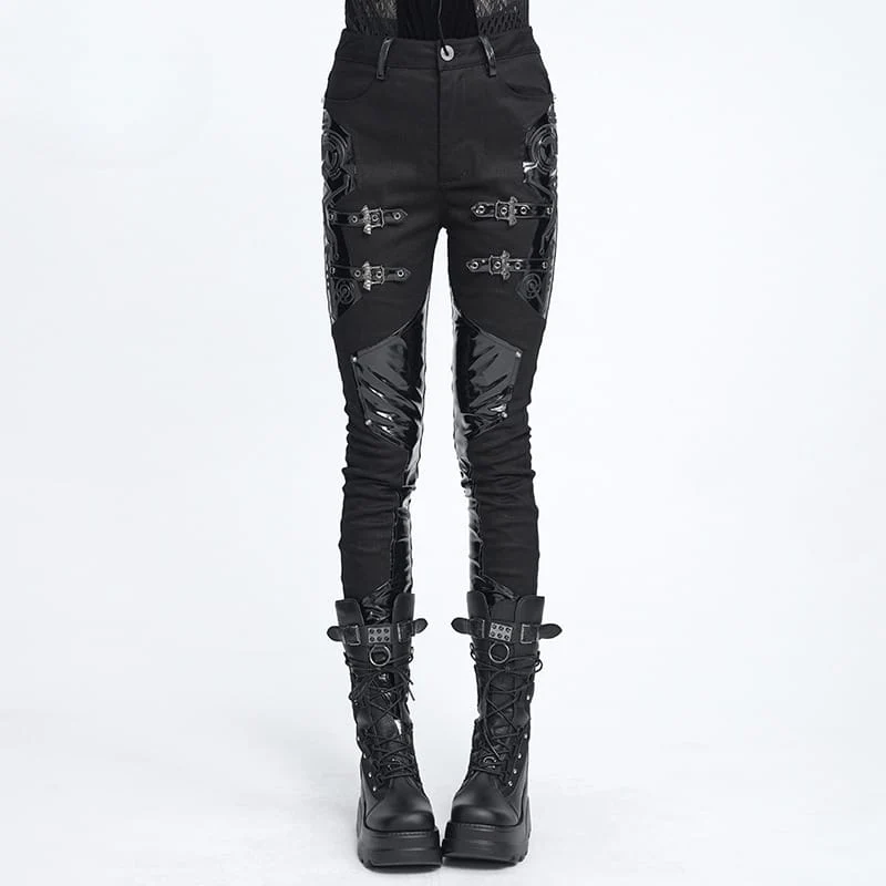 Punk-Skinny-Hose für Damen mit Schnallenriemen aus Lacklederimitat