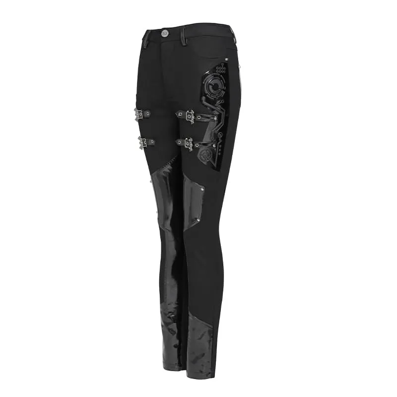 Punk-Skinny-Hose für Damen mit Schnallenriemen aus Lacklederimitat