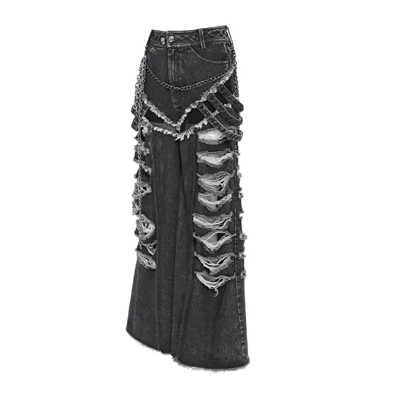 Punk-Jeans für Damen mit Kettenmuster, Rissen und weitem Bein
