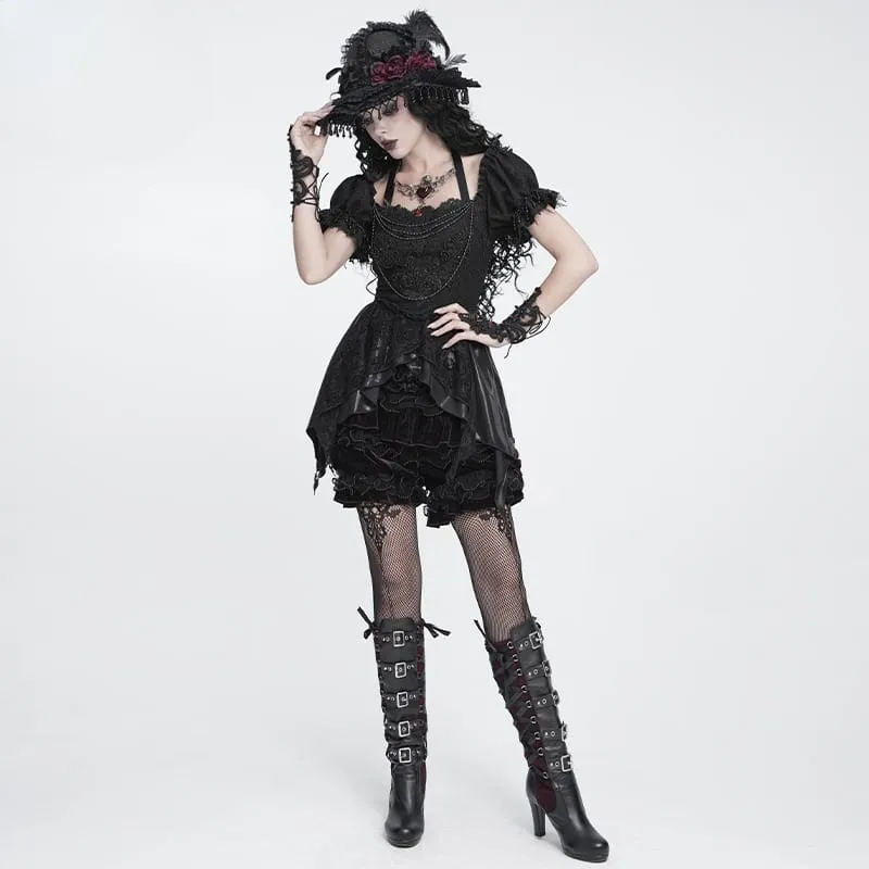 Gothic-Shorts für Damen, mehrlagig, mit Perlen und Rüschen, Samt, Schwarz-Rot