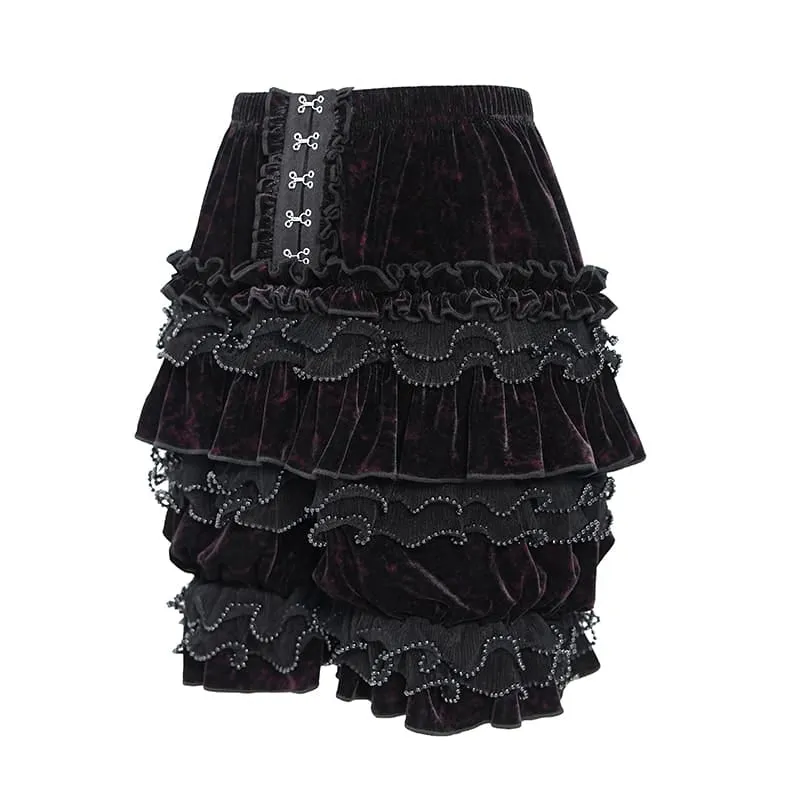 Gothic-Shorts für Damen, mehrlagig, mit Perlen und Rüschen, Samt, Schwarz-Rot