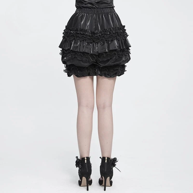 Gothic-Shorts für Damen, mehrlagig, mit Perlen und Rüschen, elastischem Bund