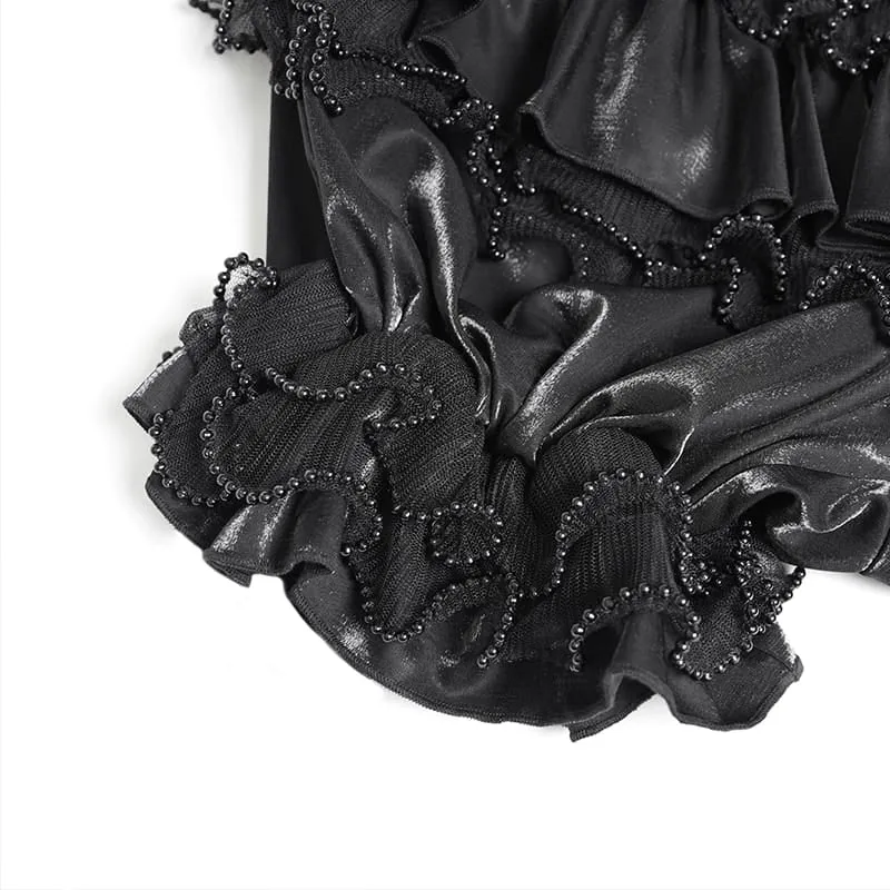 Gothic-Shorts für Damen, mehrlagig, mit Perlen und Rüschen, elastischem Bund