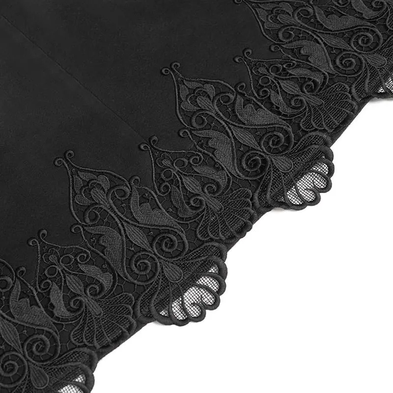 Langer Damenmantel im Gothic-Stil mit Kunstpelzkragen, Spitzenstickerei und abnehmbarer Schleife