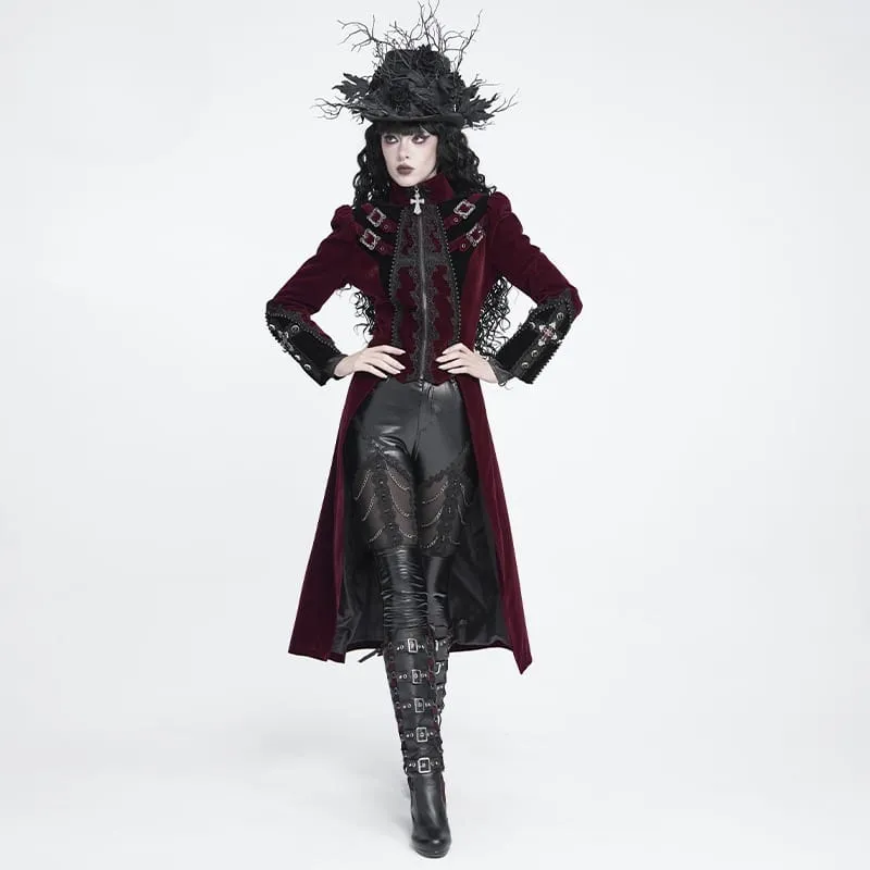 Rote Gothic-Jacke für Damen mit Perlenbesatz, Schnallenriemen und Reißverschluss