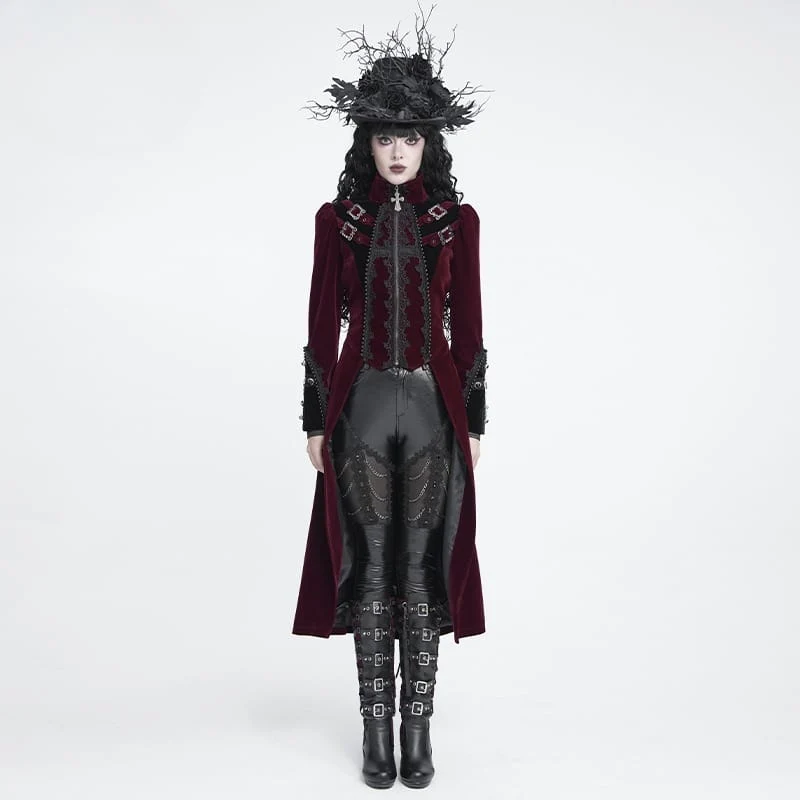 Rote Gothic-Jacke für Damen mit Perlenbesatz, Schnallenriemen und Reißverschluss