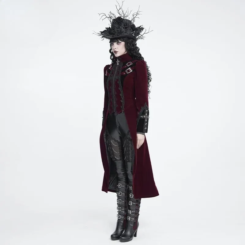 Rote Gothic-Jacke für Damen mit Perlenbesatz, Schnallenriemen und Reißverschluss