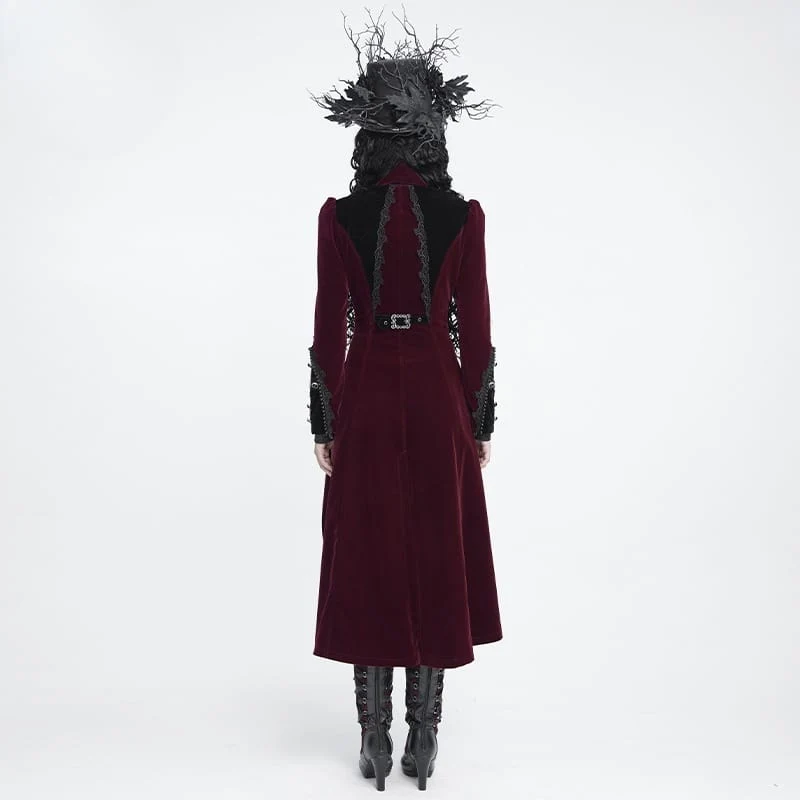 Rote Gothic-Jacke für Damen mit Perlenbesatz, Schnallenriemen und Reißverschluss