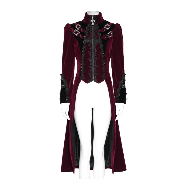 Rote Gothic-Jacke für Damen mit Perlenbesatz, Schnallenriemen und Reißverschluss