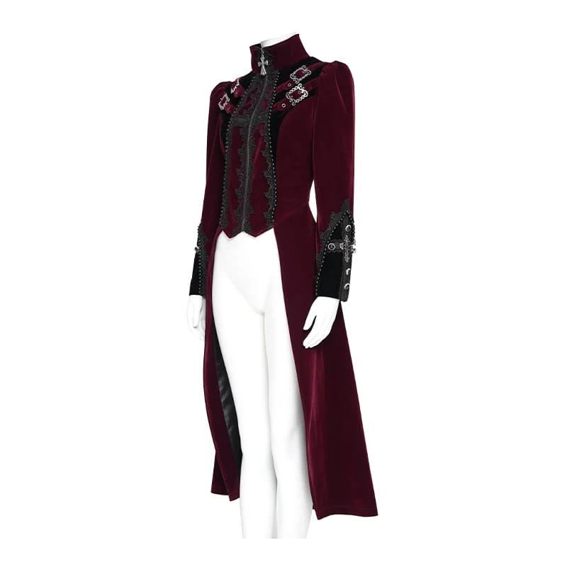 Rote Gothic-Jacke für Damen mit Perlenbesatz, Schnallenriemen und Reißverschluss