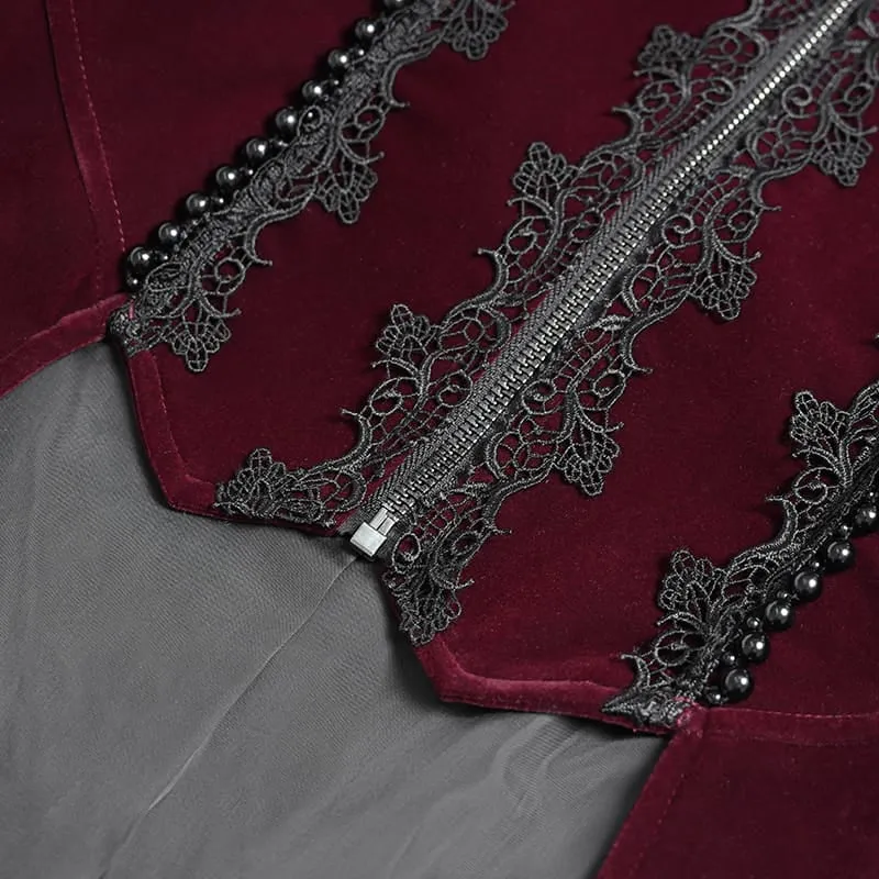 Rote Gothic-Jacke für Damen mit Perlenbesatz, Schnallenriemen und Reißverschluss