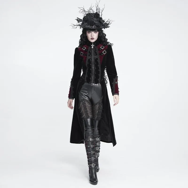 Schwarze Gothic-Jacke für Damen mit Perlenbesatz, Schnallenriemen und Reißverschluss