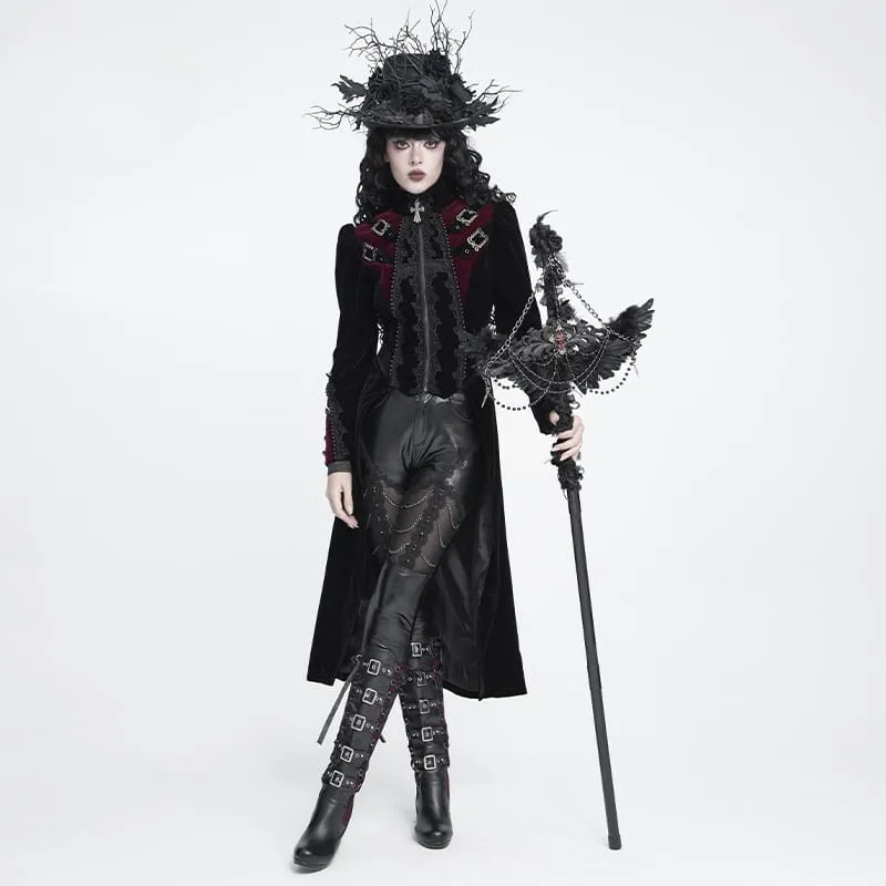 Schwarze Gothic-Jacke für Damen mit Perlenbesatz, Schnallenriemen und Reißverschluss