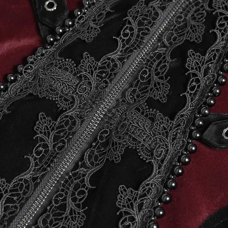 Schwarze Gothic-Jacke für Damen mit Perlenbesatz, Schnallenriemen und Reißverschluss