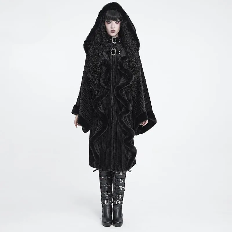 Gothic-Mantel für Damen mit Kunstpelzbesatz, Kapuze und Hexenmotiv