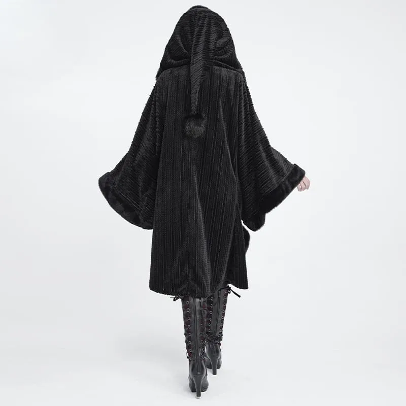Gothic-Mantel für Damen mit Kunstpelzbesatz, Kapuze und Hexenmotiv