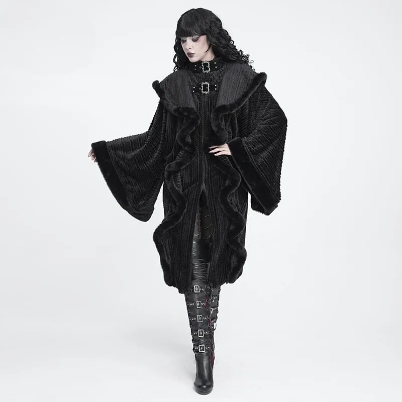 Gothic-Mantel für Damen mit Kunstpelzbesatz, Kapuze und Hexenmotiv