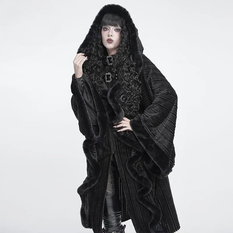Gothic-Mantel für Damen mit Kunstpelzbesatz, Kapuze und Hexenmotiv