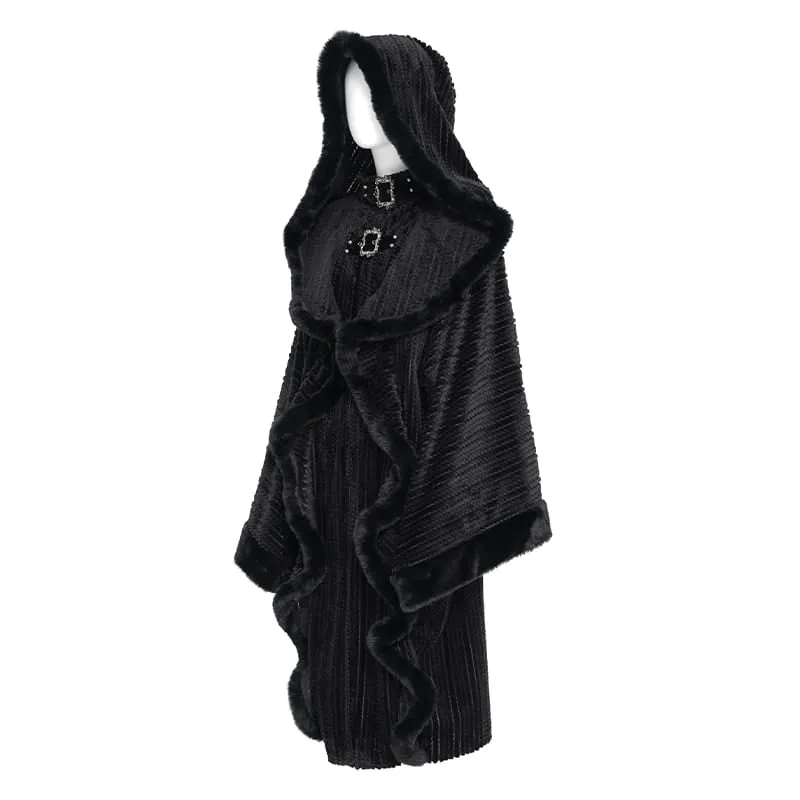 Gothic-Mantel für Damen mit Kunstpelzbesatz, Kapuze und Hexenmotiv
