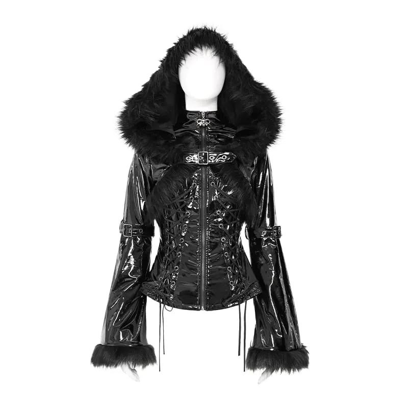 Punk-Kapuzenjacke für Damen mit Schnürung und Schnallenriemen