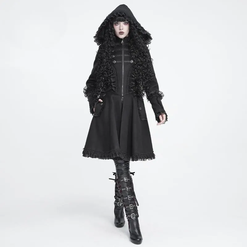 Gothic-Mantel für Damen mit Kapuze, Spitzenrüschenbesatz, ausgestelltem Saum und Kapuze