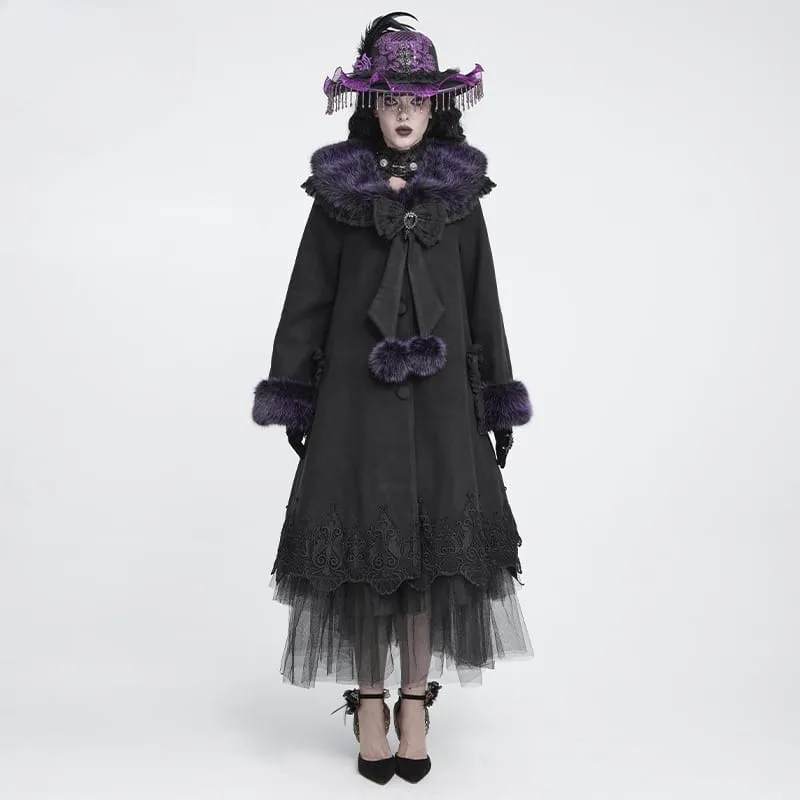 Langer Damenmantel im Gothic-Stil mit Spitzenbesatz, Kunstpelzkragen und abnehmbarer Schleife