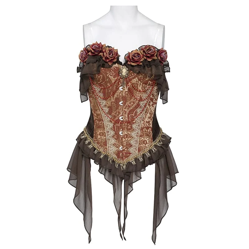 Gothic-Jacquard-Rosen-Overbust-Korsett für Damen mit asymmetrisch drapierten, transparenten Chiffon-Schleifen
