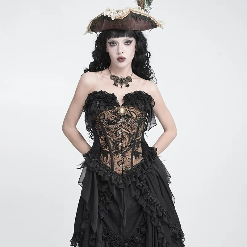 Gothic-Jacquard-Rosen-Overbust-Korsett für Damen mit asymmetrischen, fließenden Chiffon-Säumen