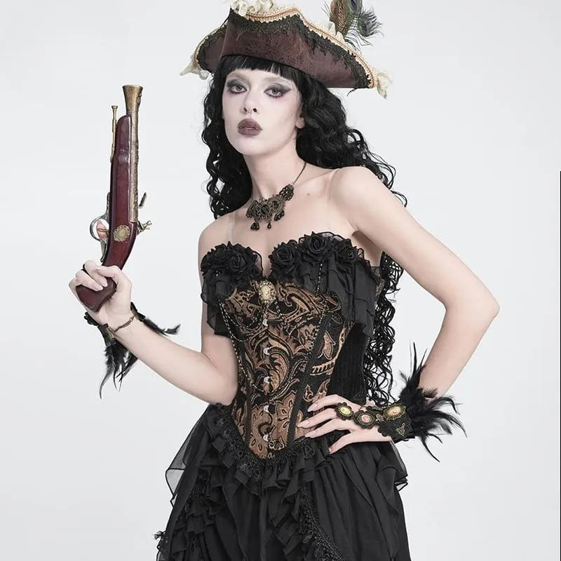 Gothic-Jacquard-Rosen-Overbust-Korsett für Damen mit asymmetrischen, fließenden Chiffon-Säumen