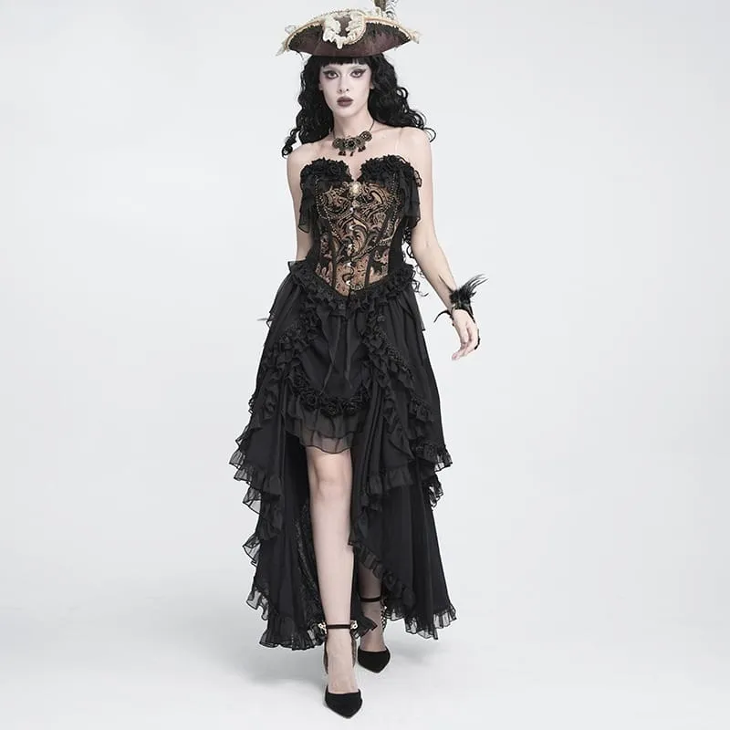 Gothic-Jacquard-Rosen-Overbust-Korsett für Damen mit asymmetrischen, fließenden Chiffon-Säumen