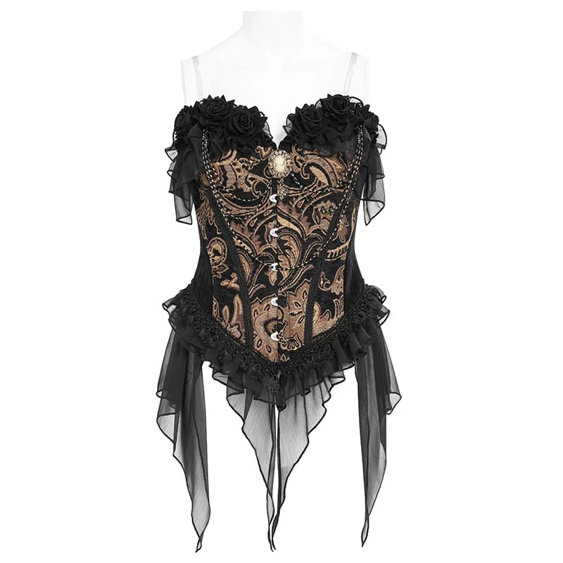 Gothic-Jacquard-Rosen-Overbust-Korsett für Damen mit asymmetrischen, fließenden Chiffon-Säumen