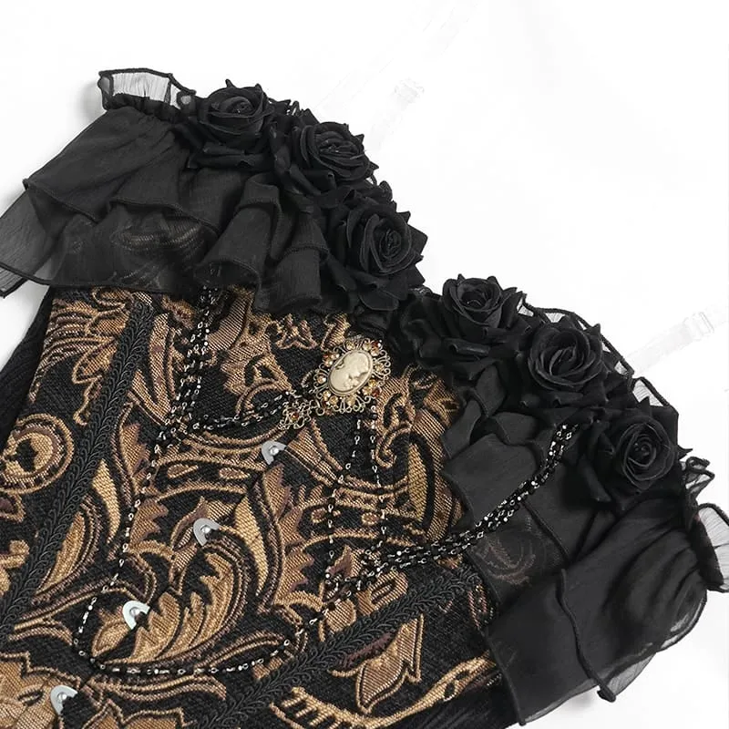 Gothic-Jacquard-Rosen-Overbust-Korsett für Damen mit asymmetrischen, fließenden Chiffon-Säumen