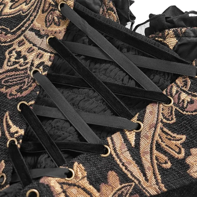Gothic-Jacquard-Rosen-Overbust-Korsett für Damen mit asymmetrischen, fließenden Chiffon-Säumen