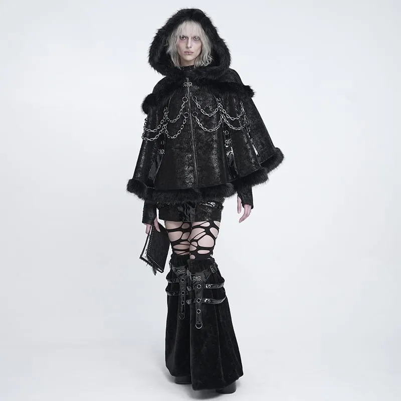 Gothic-Umhang für Damen mit Kettenverzierungen, strukturierter Kapuze