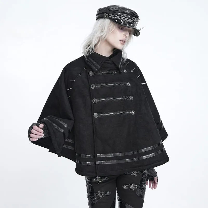 Gothic-Umhang für Damen mit Stehkragen, Stacheln und asymmetrischer, schräger Knopfleiste