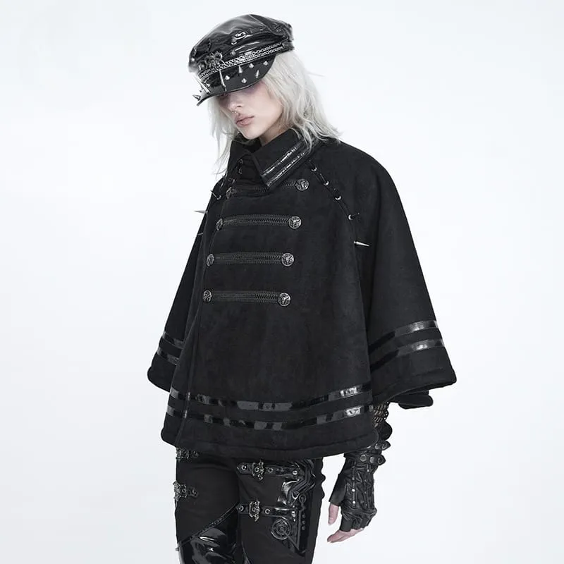 Gothic-Umhang für Damen mit Stehkragen, Stacheln und asymmetrischer, schräger Knopfleiste
