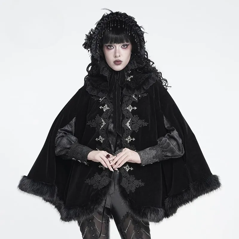 Gothic-Samtumhang für Damen mit besticktem Kunstpelzbesatz und passender Halskrause