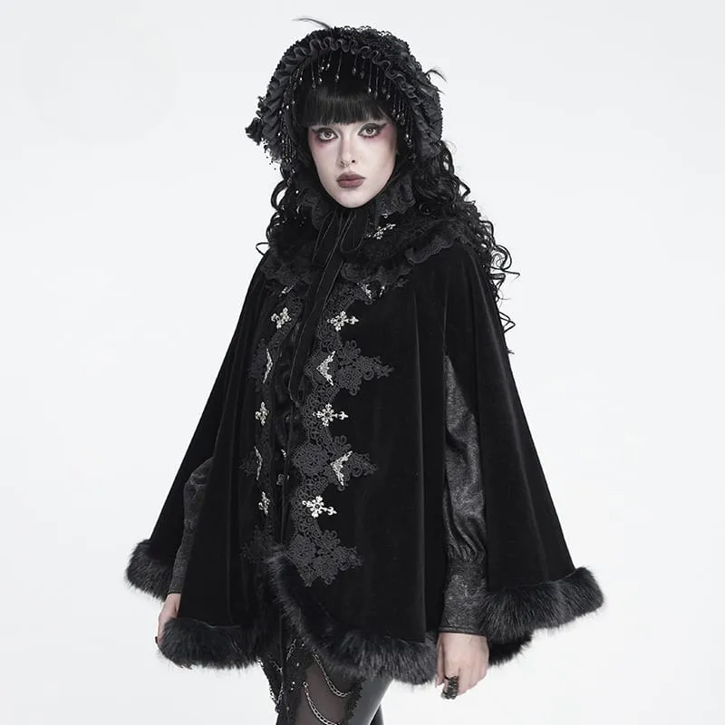 Gothic-Samtumhang für Damen mit besticktem Kunstpelzbesatz und passender Halskrause