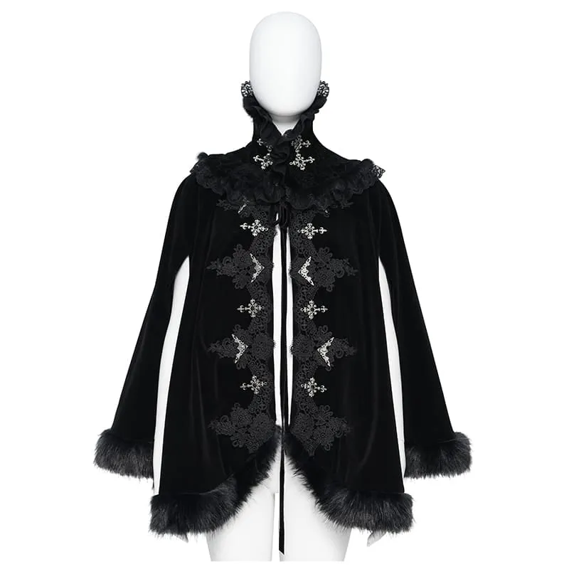 Gothic-Samtumhang für Damen mit besticktem Kunstpelzbesatz und passender Halskrause