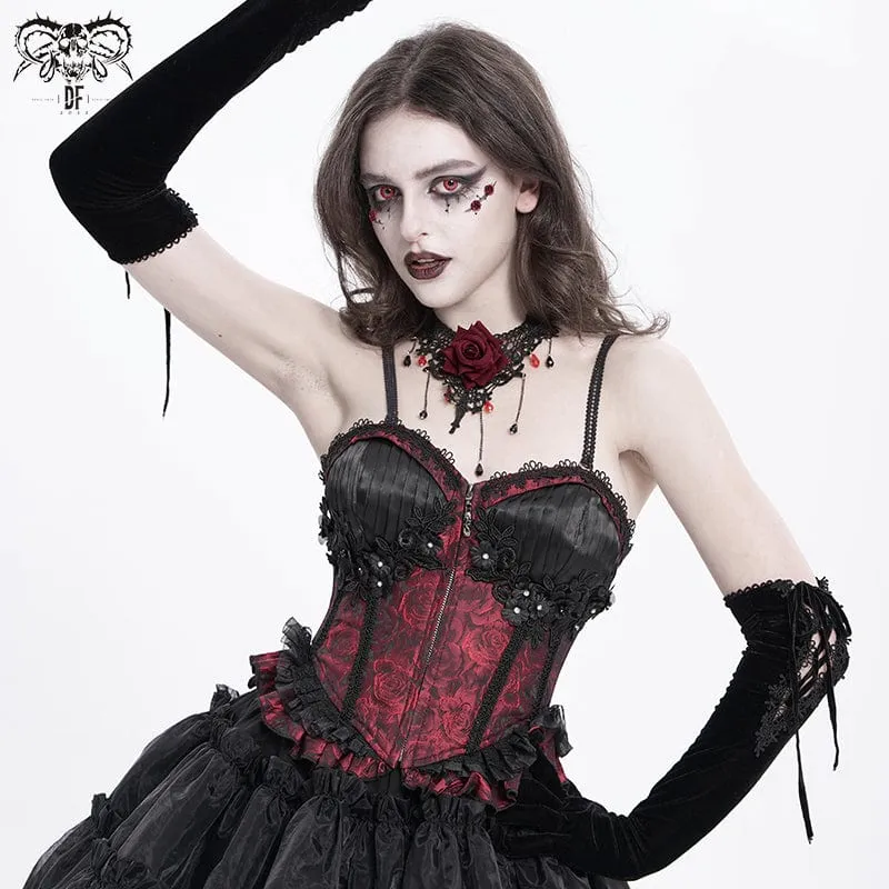 Gothic Tank Top mit Blumenstickerei und Rüschen für Damen zum Schnüren Rot