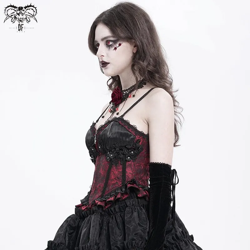 Gothic Tank Top mit Blumenstickerei und Rüschen für Damen zum Schnüren Rot